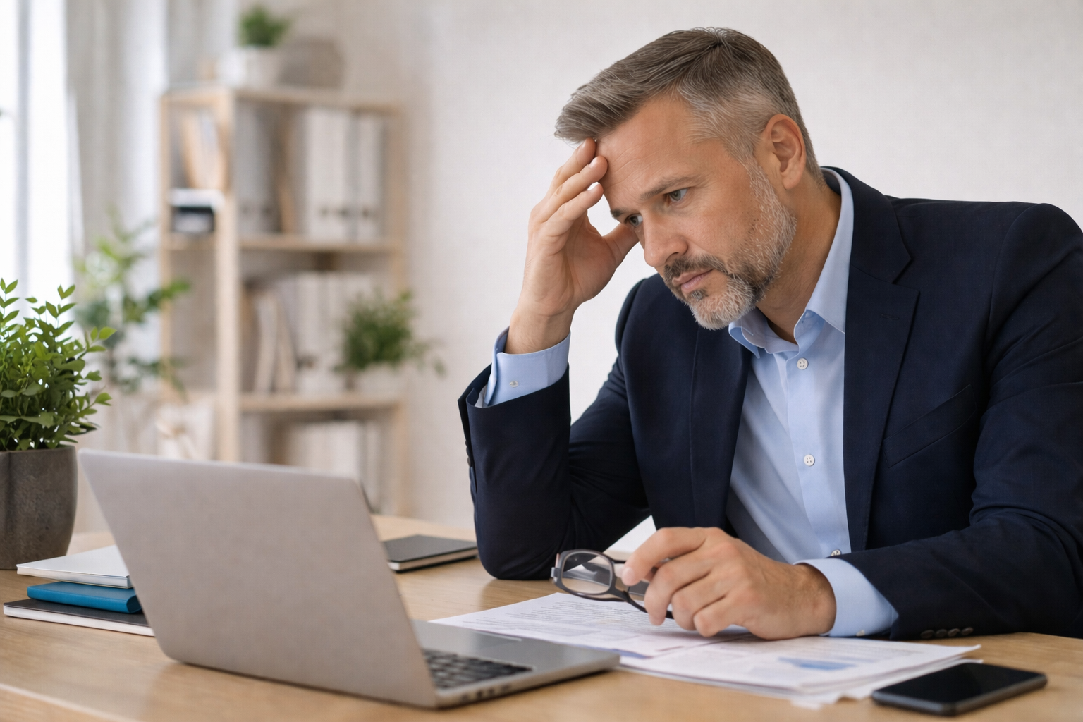 Directeur commercial préoccupé devant son écran